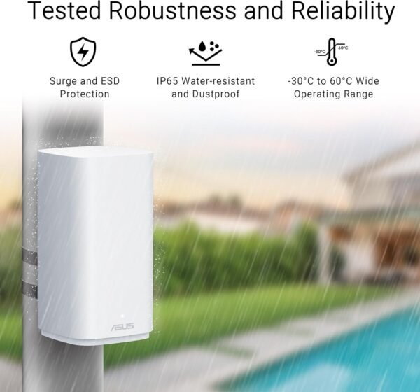 ASUS ZenWiFi BD5 Outdoor Dual-Band WiFi 7 Mesh, 5000 Mbps, 2500 sq. ft. (1pk), Dual 2.5G Ports, IP65, PoE Powered, Wall and Pole Mount, VPNs