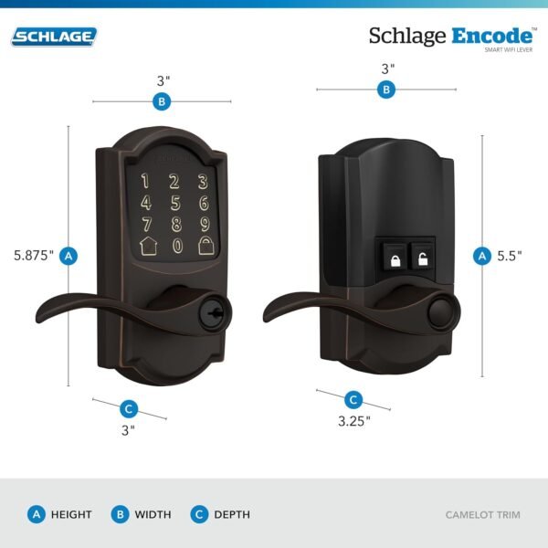 Schlage FE789WB CAM 716 Acc Encode WiFi Accent Lever Smart Lock, Keyless Entry Touchscreen Door Lock with Camelot Trim, Aged Bronze