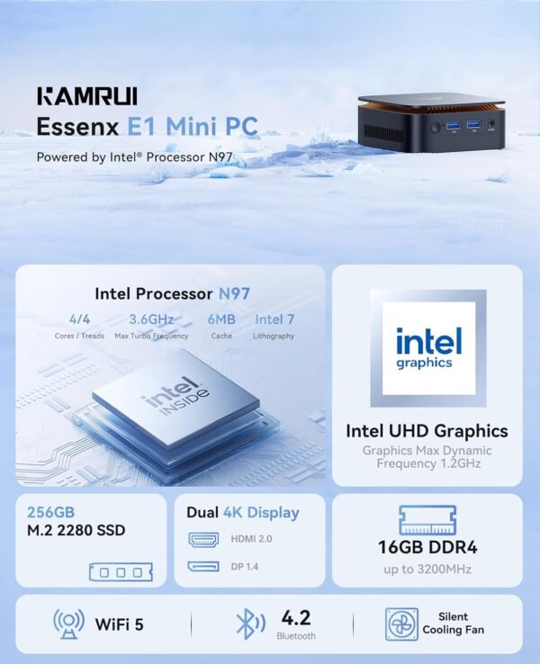 KAMRUI Mini PC Computer, Intel Processor N97 (up to 3.6 GHz), 16GB DDR4 RAM 256GB M.2 SSD, Mini Desktop Computer Support Dual 4K, WiFi, Bluetooth, Ethernet, HTPC for Business, Education, Home