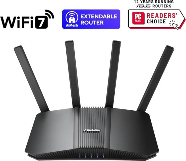 ASUS RT-BE82U Dual-Band WiFi 7 (802.11be) Smart AiMesh Extendable Router, 6500 Mbps, Five 2.5GbE Ports, 4096-QAM, Up to 3 SSIDs for IoT Devices, Parental Controls & VPNs, Advanced Network Security