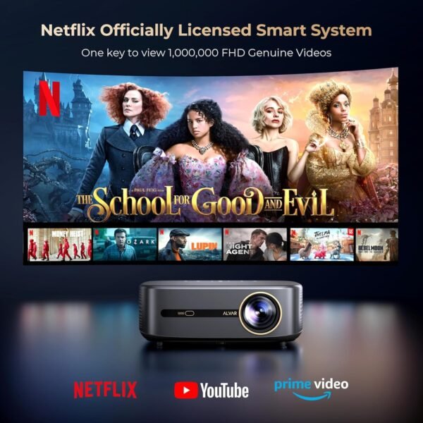 [1000 ANSI & Audio by DBX-TV] Alvar 4K Projector with WiFi 6 and Bluetooth, 30W Speakers, NetfIix Certified & DoIby Audio Outdoor Proyector, Auto Focus Native 1080P Smart Projector, Black