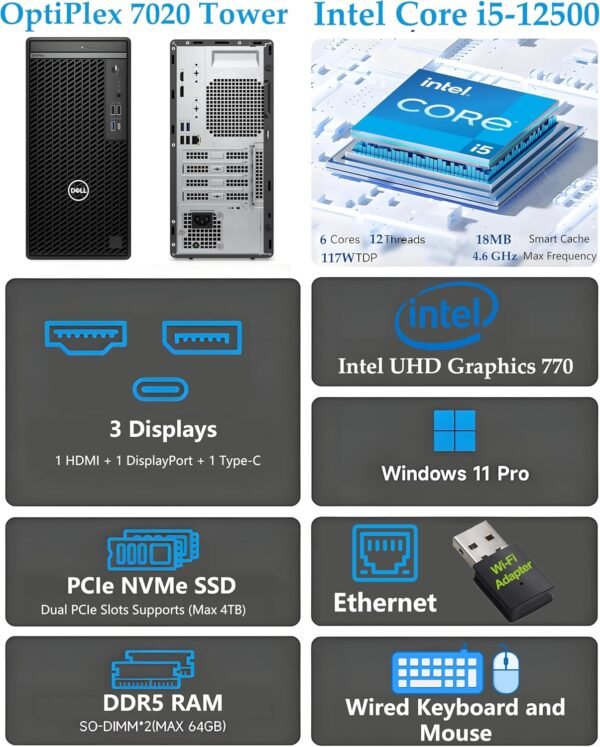 81G6e4eSViL._AC_SL1500_.jpg Dell OptiPlex 7020 Tower 7000 Business Desktop Computer, Intel 6-Core i5-12500 (Beat i7-11700), 32GB DDR5 RAM, 1TB PCIe SSD, DVDRW, WiFi Adapter, RJ-45, Type-C, HDMI, DisplayPort, Windows 11 Pro