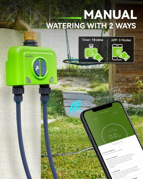 81KExcSk1IL._AC_SL1500_.jpg RAINPOINT WiFi Water Timer for Garden Hose, 2 Zone Smart Hose Timer WiFi Sprinkler Controller with Antenna Gateway, APP Remote Control, Weather-Based Smart Watering System for Lawn and Yard