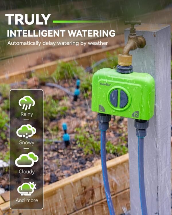 81aYGpZqlmL._AC_SL1500_.jpg RAINPOINT WiFi Water Timer for Garden Hose, 2 Zone Smart Hose Timer WiFi Sprinkler Controller with Antenna Gateway, APP Remote Control, Weather-Based Smart Watering System for Lawn and Yard