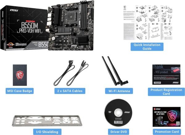 MSI B550M PRO-VDH WiFi ProSeries Motherboard (AMD Ryzen 5000, AM4, DDR4, PCIe 4.0, SATA 6Gb/s, M.2, USB 3.2 Gen 1, Wi-Fi, Bluetooth, D-SUB/HDMI/DP, Micro-ATX)