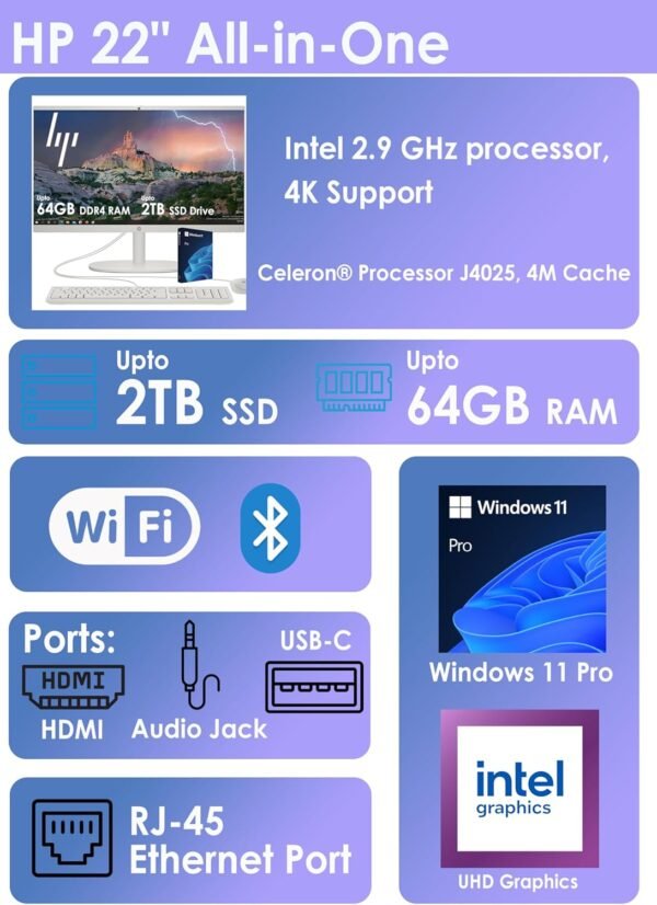 HP All-in-One Desktop PC| 24GB RAM| 512GB PCIe SSD| 22" Full HD Display, Anti-Glare| Intel Dual-core Processor| KB&Mouse| HDMI, USB-C, Wi-Fi 6| Windows 11 | Cashmere White| For Business & Personal Use