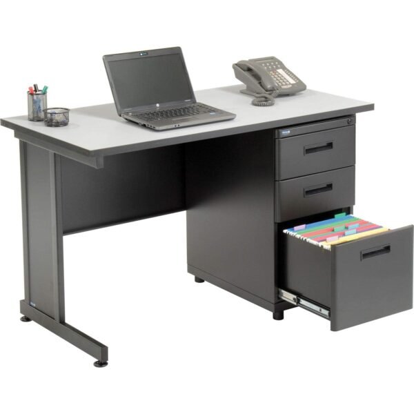 Global Industrial 48" W x 24" D x 30" H Office Pedestal Desk with 3 Drawers, Faux-Wood Laminate Gray Desktop, Black Steel Frame, 2 Box Drawers & 1 File Drawer