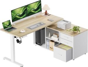 Marsail L-Shaped Executive Standing Desk with File Cabinet, 55" x Marsail L-Shaped Executive Standing Desk with File Cabinet, 55" x 24" Electric Height Adjustable Stand up Desk, One-Whole Piece Desktop, Home Office Modern Computer Deskwith 4 Memory Presets