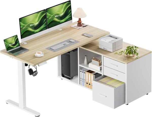 Marsail L-Shaped Executive Standing Desk with File Cabinet, 55" x 24" Electric Height Adjustable Stand up Desk, One-Whole Piece Desktop, Home Office Modern Computer Deskwith 4 Memory Presets