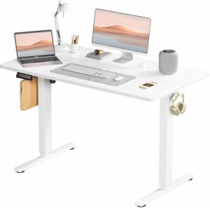 SMUG Standing Desk, Adjustable Height Electric Sit Stand Up Down Computer Table, 48x24 Inch Ergonomic Rising Modern Lift Motorized Gaming Desktop Workstation for Work Home Office, White