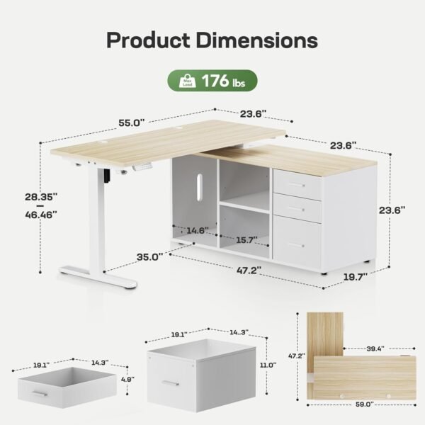 Marsail L-Shaped Executive Standing Desk with File Cabinet, 55" x 24" Electric Height Adjustable Stand up Desk, One-Whole Piece Desktop, Home Office Modern Computer Deskwith 4 Memory Presets