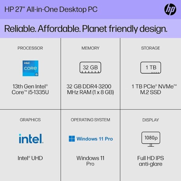 61nziTRVEbL._AC_SL1500_.jpg HP All-in-One Desktop Conputer, Intel i5 1335u(Up to 4.6GHz), 27" FHD IPS Anti-Glare Display, Intel UHD Graphics, 32 GB DDR5 RAM, 1 TB SSD, Wired KB & Mouse, Windows 11 Pro, w/RH-Accessories