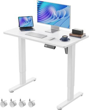 HUANUO Electric Small Standing Desk, 35" x 20" Whole Piece HUANUO Electric Small Standing Desk, 35" x 20" Whole Piece Desktop, Adjustable Height Computer Desk, 4 Height Memory Settings, Sit Stand Up Desk for Home Office, White
