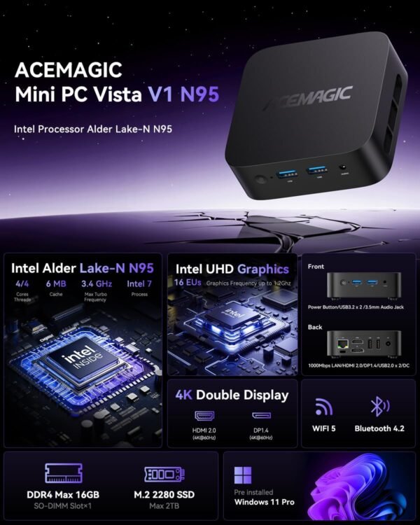 ACEMAGICIAN Vista V1 Mini Pc Computers, 12Th Gen Intel N95 (Beat N100, Up to 3.4Ghz), 16GB DDR4 RAM 512GB SSD Mini Computer, UHD 4K HDMI DP, Dual WiFi/Bt, Gigabit Ethernet Vesa, Home/Office Micro Pc