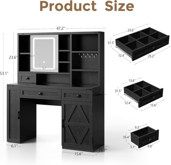 711I5U8HX1L._AC_SL1500_.jpg Farmhouse Makeup Vanity Desk with Sliding Mirror and Lights, Glass Desktop Makeup Vanity Desk with Charging Station, 3-Tier Hidden Slide-Out Vanity Shelves, Jewelry Storage Cabinet, 2 Drawers-Black