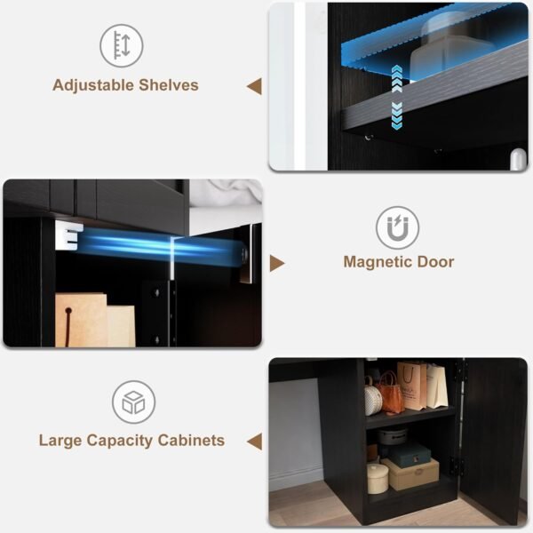 712bcgsltnL._AC_SL1500_.jpg Farmhouse Makeup Vanity Desk with Sliding Mirror and Lights, Glass Desktop Makeup Vanity Desk with Charging Station, 3-Tier Hidden Slide-Out Vanity Shelves, Jewelry Storage Cabinet, 2 Drawers-Black