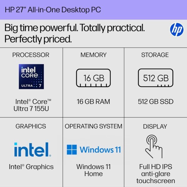 713q2vP8CUL._AC_SL1500_.jpg HP 27 inch All-in-One Desktop PC, FHD Touchscreen, Intel Core Ultra 7 155U, 16 GB RAM, 512 GB SSD, Intel Graphics, Windows 11 Home, Shell White, 27-cr1180 (2025)