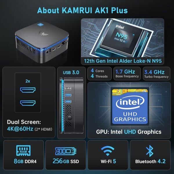 714FjVwyoL._AC_SL1500_.jpg KAMRUI AK1PLUS Mini PC, N95 Processor (up to 3.4GHz), 8GB DDR4 RAM 256GB M.2 SSD, Mini Desktop Computer Support 2.5" SSD, Dual 4K, WiFi, Ethernet for Business, Office, Home