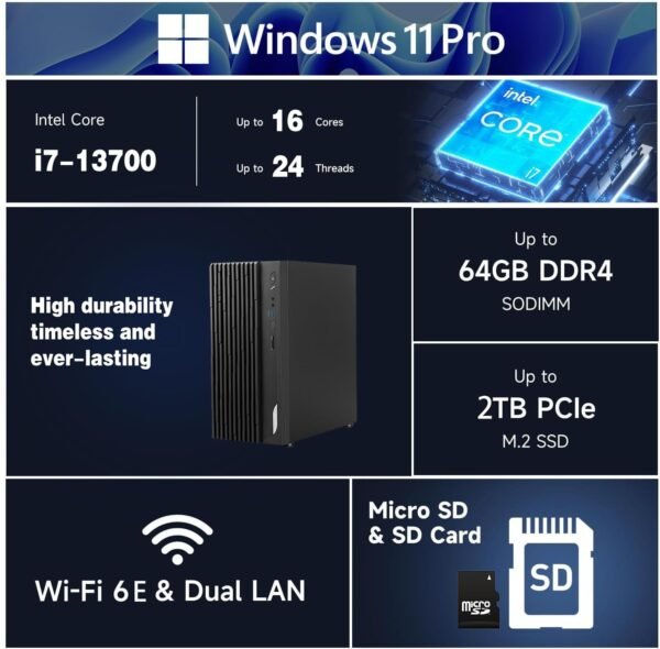 MSI PRO DP180 Business Tower Desktop, Intel i7-13700, 32GB RAM, 1TB SSD, Support 2-Display 4K, HDMI, SD Card Reader, DP Port, DVD-RW, VGA, Wired Keyboard & Mouse, Wi-Fi 6E, Windows 11 Pro