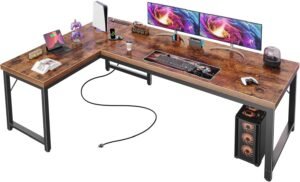 Huuger 63 Inch L Shaped Desk with Power Outlets and Huuger 63 Inch L Shaped Desk with Power Outlets and USB-C Port, 0.95 Inch Thicker Desktop, Reversible Computer Desk, Larger Office Corner Gaming Desk, Metal Frame, for Home Office, Study, Rustic Brown