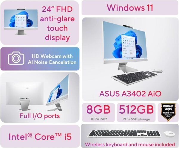 ASUS 2025 All-in-One Desktop, 23.8" FHD Touchscreen, Intel Core i5-1235U(Beats Ryzen 7 5700U), 16GB RAM, 512GB SSD, Intel UHD Graphics, Wi-Fi 6, 720p Camera, HDMI, Keyboard & Mouse, Windows 11 Home
