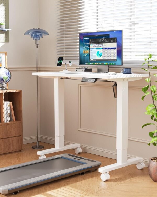 HUANUO Electric Small Standing Desk, 35" x 20" Whole Piece Desktop, Adjustable Height Computer Desk, 4 Height Memory Settings, Sit Stand Up Desk for Home Office, White