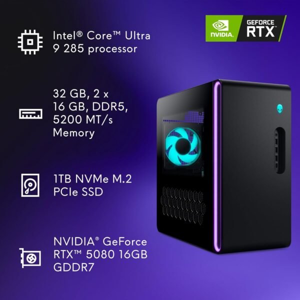 Alienware Aurora Gaming Desktop ACT1250 - Intel Core Ultra 9 285 Processor, Liquid Cooled, NVIDIA GeForce RTX 5080, 32GB DDR5 RAM, 1TB SSD, 1000W Platinum Rated PSU, Win 11 Home - Clear Panel