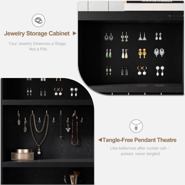 71itUQSoeJL._AC_SL1500_.jpg Farmhouse Makeup Vanity Desk with Sliding Mirror and Lights, Glass Desktop Makeup Vanity Desk with Charging Station, 3-Tier Hidden Slide-Out Vanity Shelves, Jewelry Storage Cabinet, 2 Drawers-Black