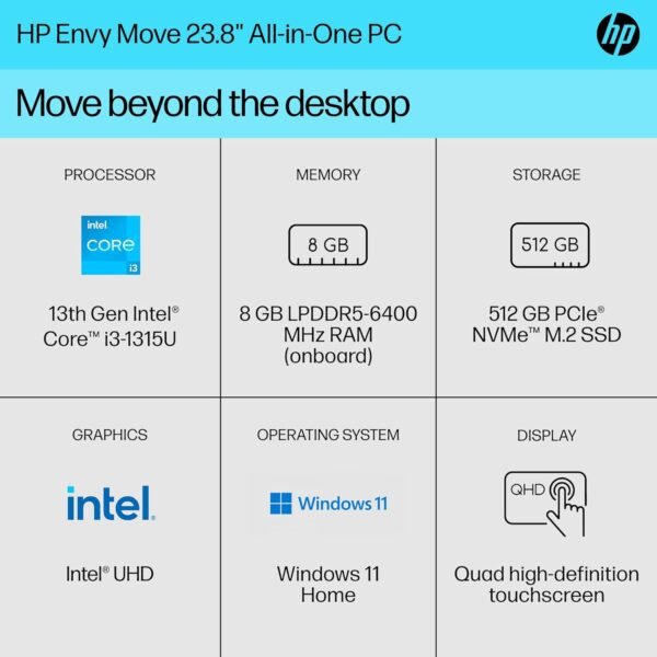 HP Envy Move 23.8 inch All-in-One PC, QHD Display, 13th Generation Intel Core i3-1315U, 8 GB RAM, 512 GB SSD, Intel UHD Graphics, Windows 11 Home, 24-cs0040 (2023)