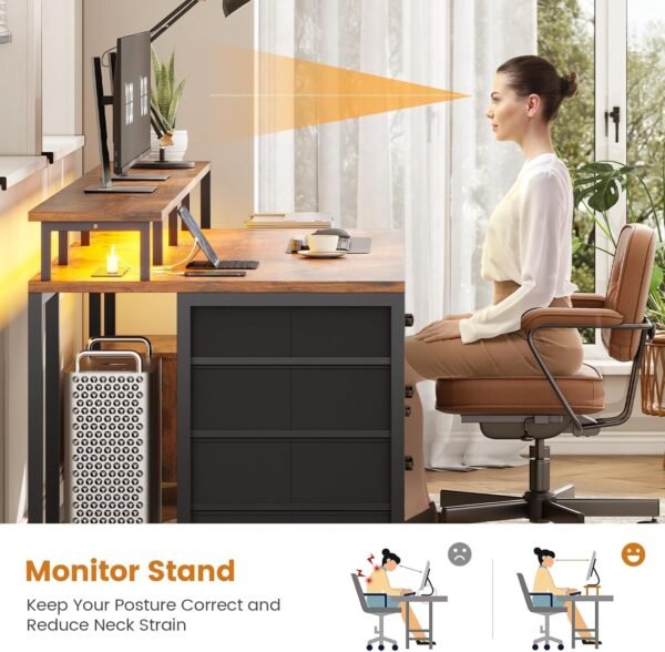 SEDETA Home Office Desk with File Drawer & Power Outlet, 75'' Large Computer Desk with 5 Drawer, Storage Shelves, Monitor Shelf and Led Lights, 23.6" W Desktop Gaming Desk, Rustic Brown