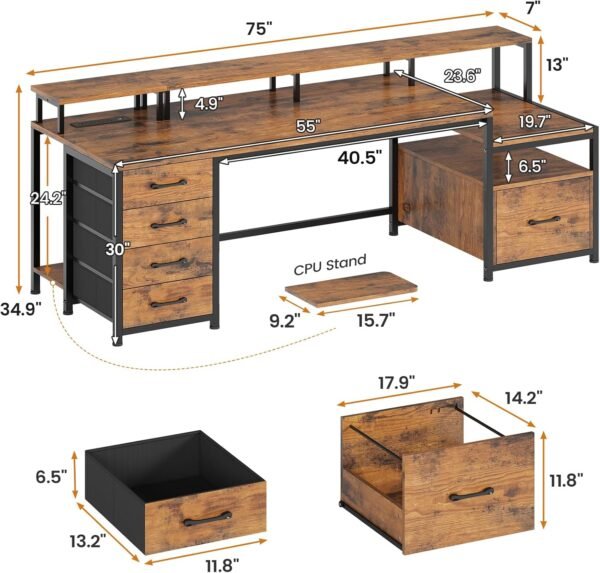SEDETA Home Office Desk with File Drawer & Power Outlet, 75'' Large Computer Desk with 5 Drawer, Storage Shelves, Monitor Shelf and Led Lights, 23.6" W Desktop Gaming Desk, Rustic Brown