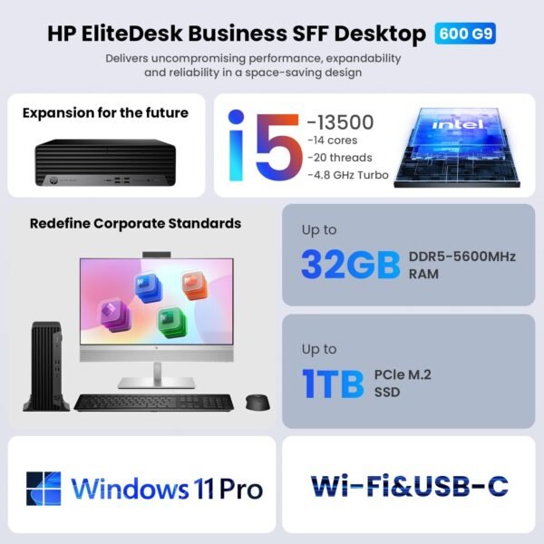71xNj4uIukL._AC_SL1500_.jpg HP Elite 600 Small Form Factor Business Desktop | 13th Gen Intel 14-Core i5-13500 | 32GB DDR5 | 1TB SSD | HDMI | DP | Wi-Fi | Wired KB & Mouse | Windows 11 Pro | Bundle with ADATA 512GB External SSD