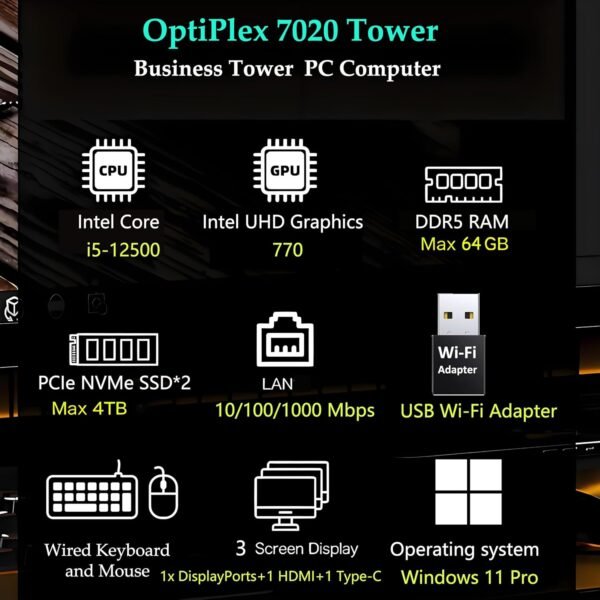 Dell OptiPlex 7020 Desktop, 7000 Tower PC Computers, Intel 6-Core i5-12500 (Beat i7-11700), 32GB DDR5 RAM, 1TB PCIe SSD, DVDRW, WiFi Adapter, RJ-45, Type-C, HDMI, DisplayPort, Windows 11 Pro