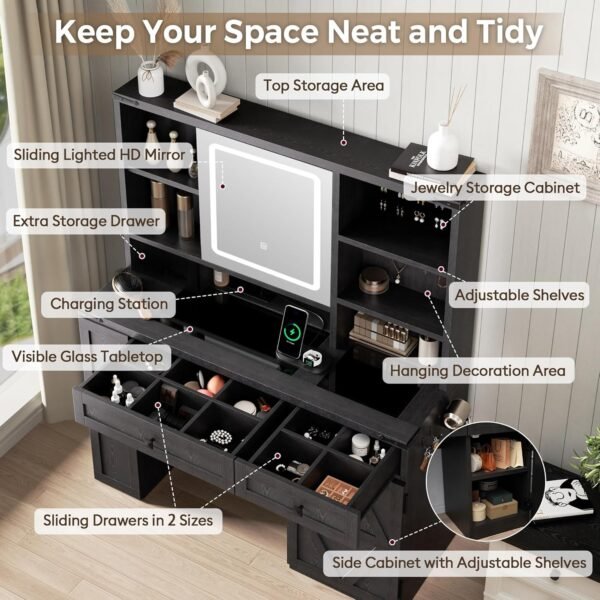 814KGcJw4cL._AC_SL1500_.jpg Farmhouse Makeup Vanity Desk with Sliding Mirror and Lights, Glass Desktop Makeup Vanity Desk with Charging Station, 3-Tier Hidden Slide-Out Vanity Shelves, Jewelry Storage Cabinet, 2 Drawers-Black