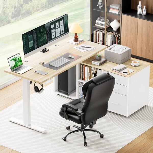 Marsail L-Shaped Executive Standing Desk with File Cabinet, 55" x 24" Electric Height Adjustable Stand up Desk, One-Whole Piece Desktop, Home Office Modern Computer Deskwith 4 Memory Presets