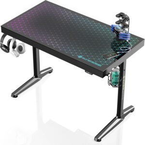 EUREKA ERGONOMIC RGB LED Gaming Desk, Music Sync Lights Up EUREKA ERGONOMIC RGB LED Gaming Desk, Music Sync Lights Up Tempered Glass Desktop, 43" GTG I43 Home Office Computer Table W Controller Rack 4 USB Charging Ports, APP Control