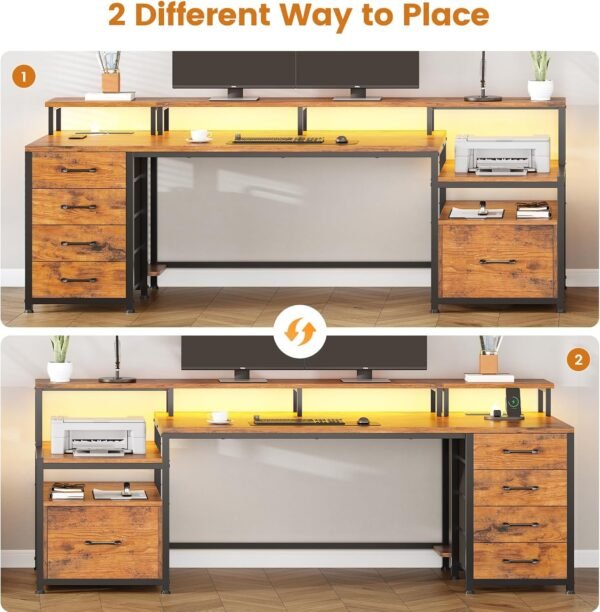 SEDETA Home Office Desk with File Drawer & Power Outlet, 75'' Large Computer Desk with 5 Drawer, Storage Shelves, Monitor Shelf and Led Lights, 23.6" W Desktop Gaming Desk, Rustic Brown