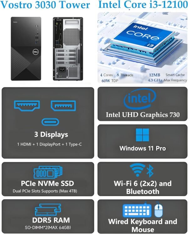 81KWIvURWlL._AC_SL1500_.jpg Dell Vostro 3030 3000 Tower Business Desktop Computer, 12th Gen Intel 4-Core i3-12100 (Beat i5-11500T), 32GB DDR5 RAM, 1TB PCIe SSD, WiFi 6, Bluetooth, DisplayPort, HDMI, Type-C, Windows 11 Pro