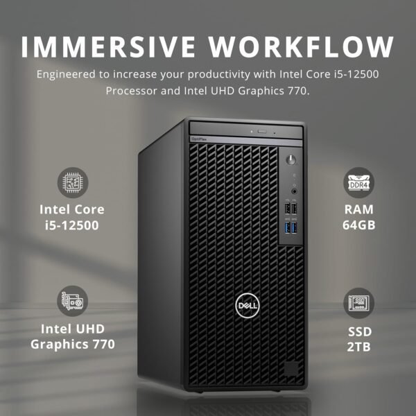 Dell OptiPlex 3000 Tower Business Desktop, Intel i5-12500 Processor, 64GB RAM, 2TB PCIe SSD, Ethernet, WiFi Adapter, KB& Mouse, DVDRW, Windows 11 Pro, Black
