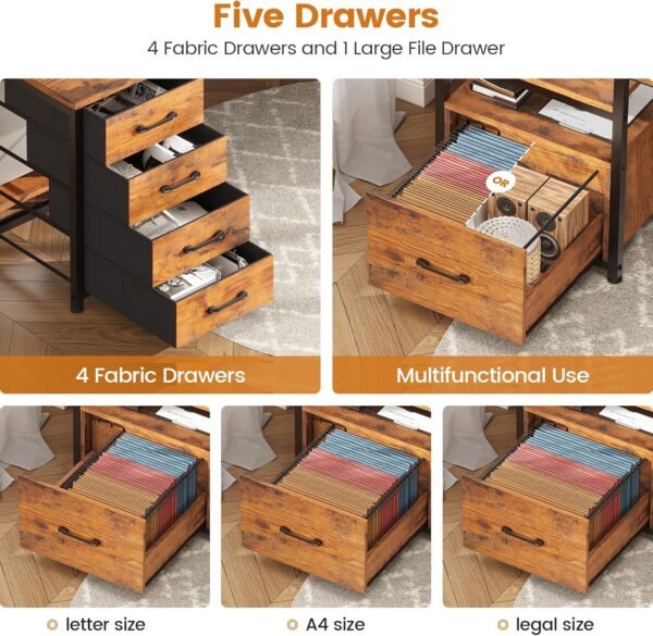 SEDETA Home Office Desk with File Drawer & Power Outlet, 75'' Large Computer Desk with 5 Drawer, Storage Shelves, Monitor Shelf and Led Lights, 23.6" W Desktop Gaming Desk, Rustic Brown