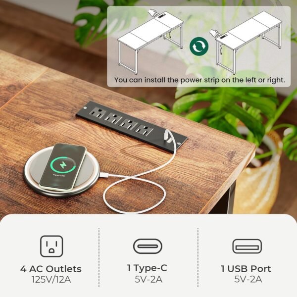 Huuger 63 x 24 inch Desk with Power Outlets & USB-C, Deeper & Thicker Desktop, Robust Metal Tubes, Computer Desk, Heavy Duty Office Desk, Work Gaming Desk, for Home Office, Rustic Brown