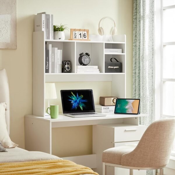 81TKJWpNiIL._AC_SL1500_.jpg Desktop Bookshelf, Wooden Desk Storage Hutch with 6 Shelves for Computer Desk, 3-Tier Desktop Display Organizer Rack for Office Home (White)