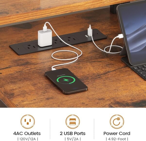 SEDETA Home Office Desk with File Drawer & Power Outlet, 75'' Large Computer Desk with 5 Drawer, Storage Shelves, Monitor Shelf and Led Lights, 23.6" W Desktop Gaming Desk, Rustic Brown