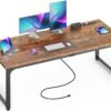 Huuger 63 x 24 inch Desk with Power Outlets & USB-C, Deeper & Thicker Desktop, Robust Metal Tubes, Computer Desk, Heavy Duty Office Desk, Work Gaming Desk, for Home Office, Rustic Brown