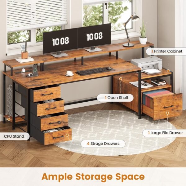 SEDETA Home Office Desk with File Drawer & Power Outlet, 75'' Large Computer Desk with 5 Drawer, Storage Shelves, Monitor Shelf and Led Lights, 23.6" W Desktop Gaming Desk, Rustic Brown