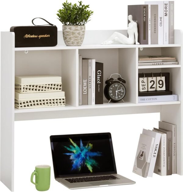 81oEbnLc4kL._AC_SL1500_.jpg Desktop Bookshelf, Wooden Desk Storage Hutch with 6 Shelves for Computer Desk, 3-Tier Desktop Display Organizer Rack for Office Home (White)