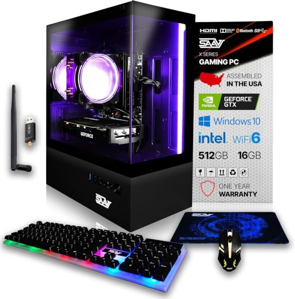 SAAV X1 Prebuilt Gaming PC Desktop with i5 3.4GHz CPU, 16GB RAM, GEFORCE GTX 750 GDDR5 GPU, 512GB NVME, WiFi 6, Bluetooth, Win 10, Mouse Keyboard, PC Gaming Computer Desktop, 1-Year Warranty