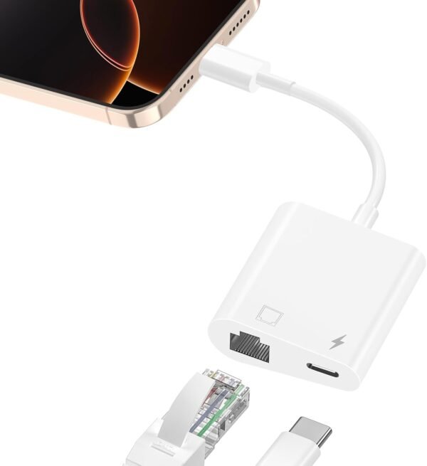 USB C to Ethernet Adapter, 2 in 1 RJ45 Ethernet USB C to Ethernet Adapter, 2 in 1 RJ45 Ethernet LAN Network Adapter with 60W USB Type C Charge Port Compatible with iPhone 16/15 Tablet/Laptop and USB C Devices,Supports 10/100Mbps