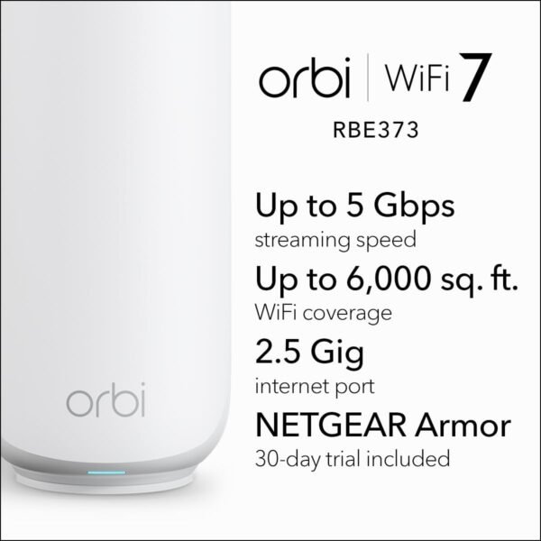 513h2gaE-EL._AC_SL1200_.jpg NETGEAR Orbi 370 Series Dual-Band WiFi 7 Mesh Network System for Home (RBE373) – Wireless Router + 2 Extenders, Security Features, 5 Gbps, Covers 6,000 sq.ft., 70 Devices, 2.5GB Internet Port, BE5000