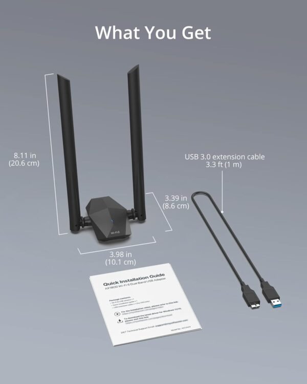 BrosTrend USB WiFi 6 Adapter AX1800 Long Range WiFi USB Adapter for PC Laptop Desktop 5GHz/1201Mbps + 2.4GHz/574Mbps Wireless WiFi Dongle USB3.0 with 2x High Gain Wi-Fi Antennas for Windows 11/10 ONLY
